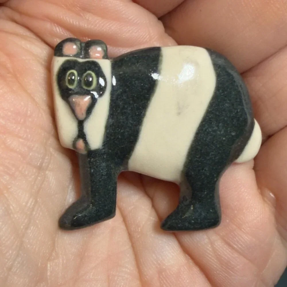 Bear Brooch Ceramic Black White Animal Pin 1.5 Inch Glossy